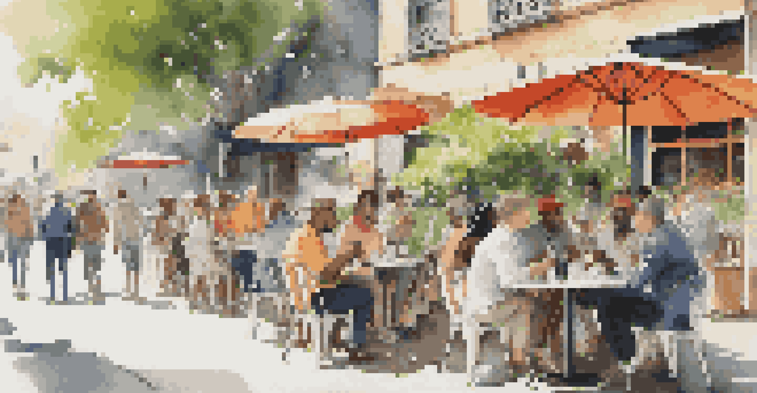 A bustling café scene with diverse individuals enjoying coffee and chatting under colorful umbrellas.