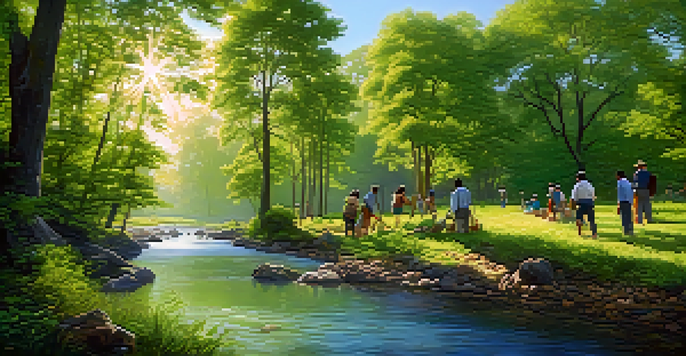 A diverse group of people planting trees by a stream in a lush green forest with sunlight filtering through the leaves.