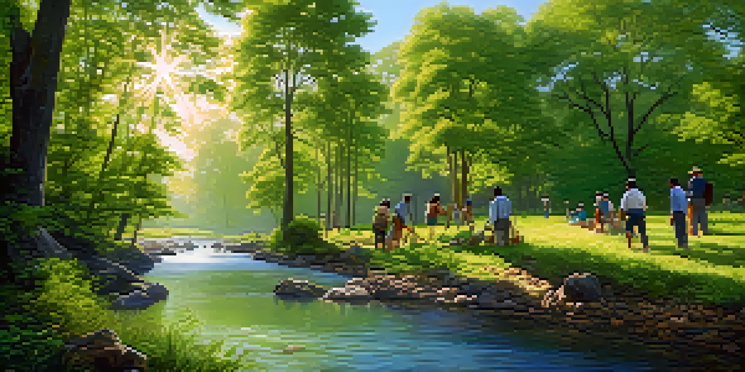 A diverse group of people planting trees by a stream in a lush green forest with sunlight filtering through the leaves.