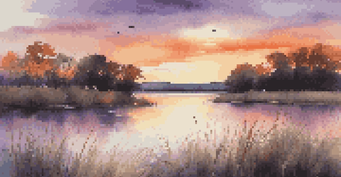 A peaceful sunset over a calm lake with colorful reflections and silhouettes of trees.