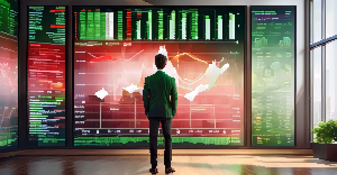 A young investor observing stock market trends on a digital screen, with graphs in green and red, in a modern room with sunlight.