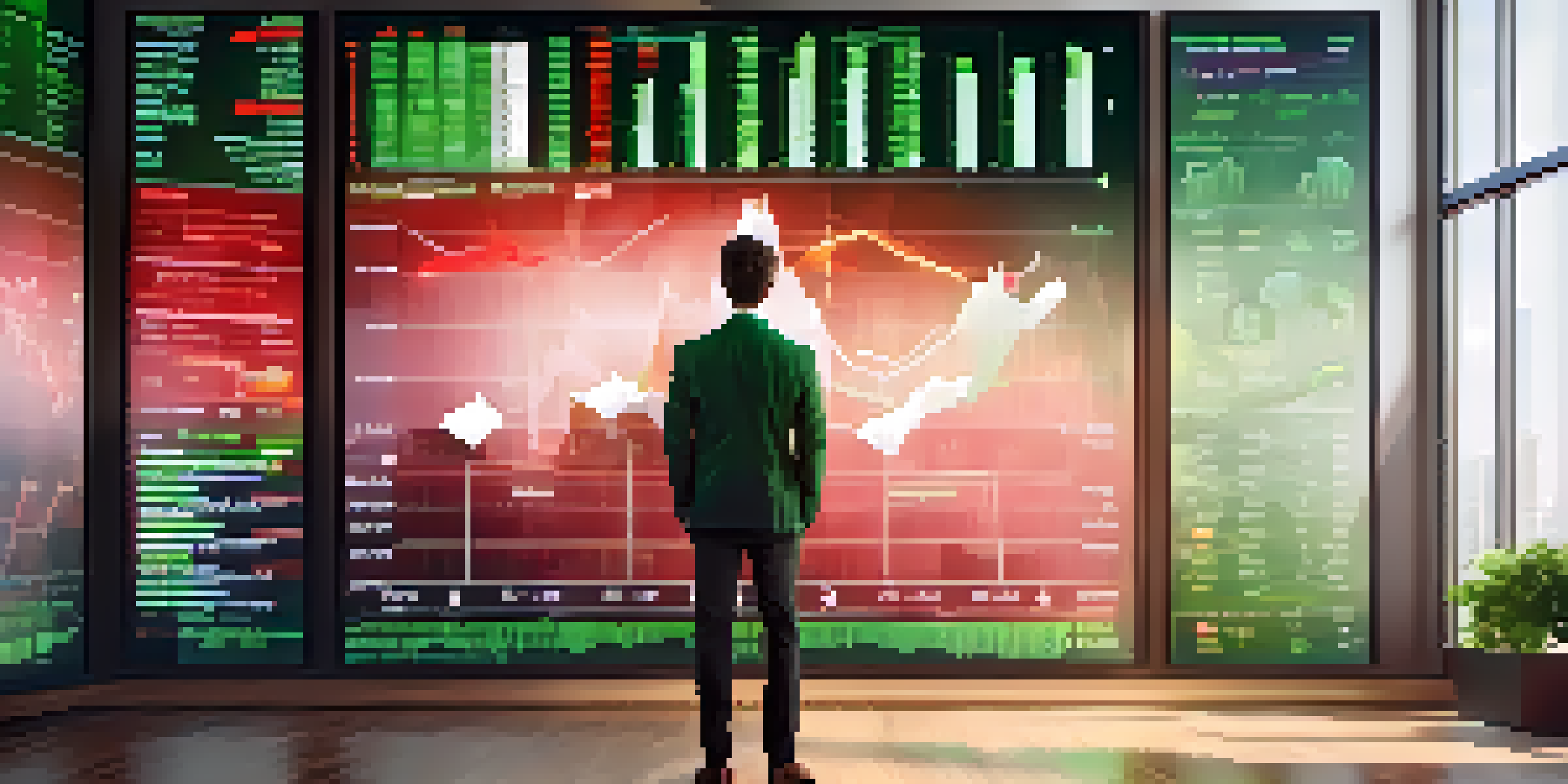 A young investor observing stock market trends on a digital screen, with graphs in green and red, in a modern room with sunlight.