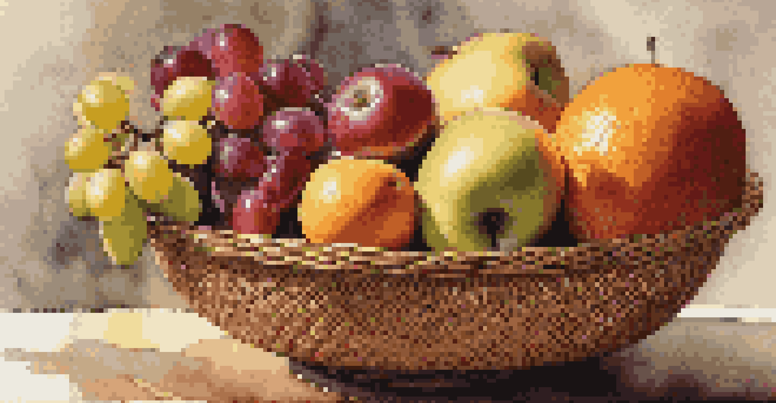A close-up view of a bowl filled with various fresh fruits like apples, bananas, oranges, and grapes.