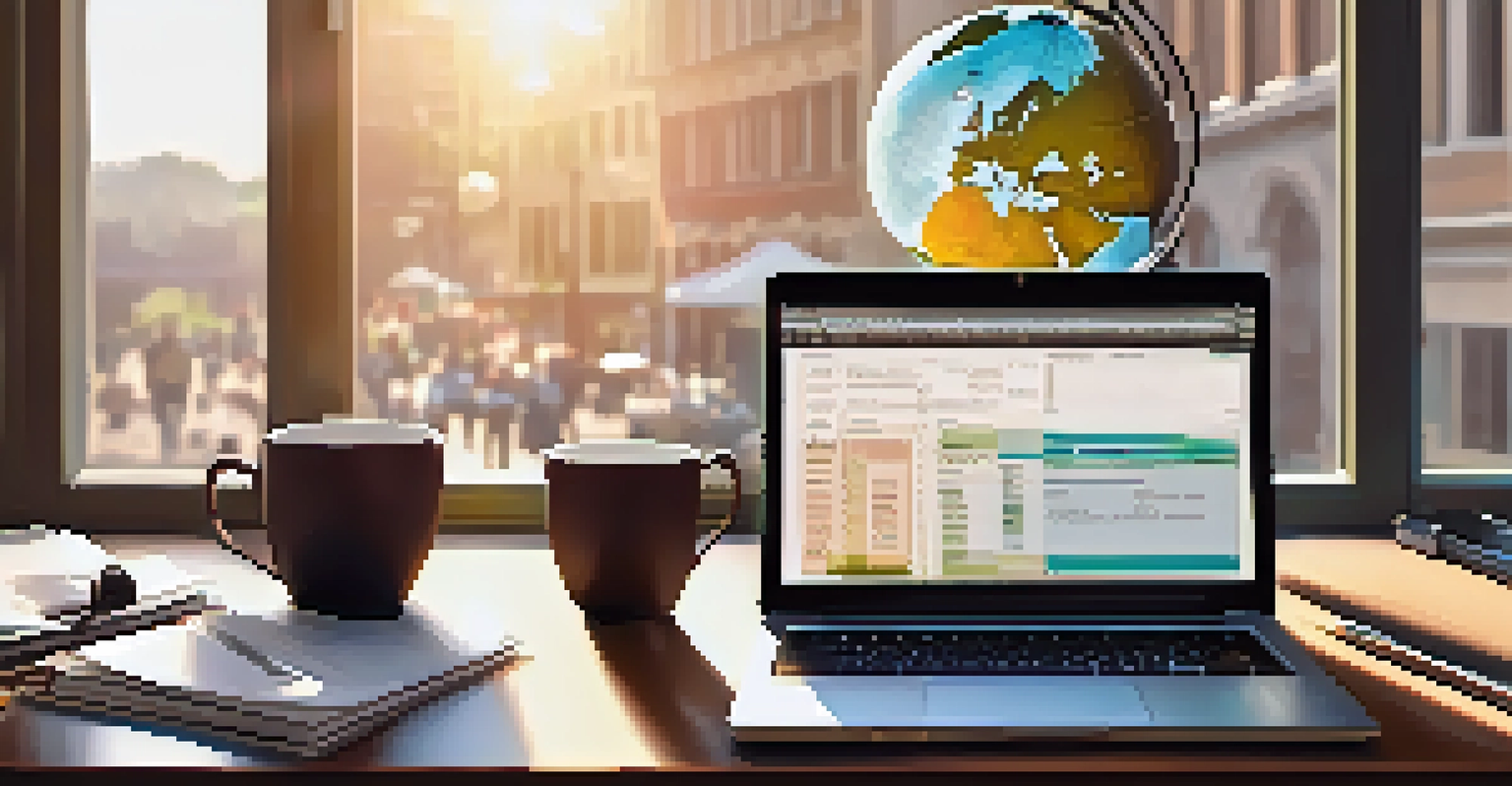 A desk with financial documents, a laptop showing market trends, and a globe, illuminated by sunlight.