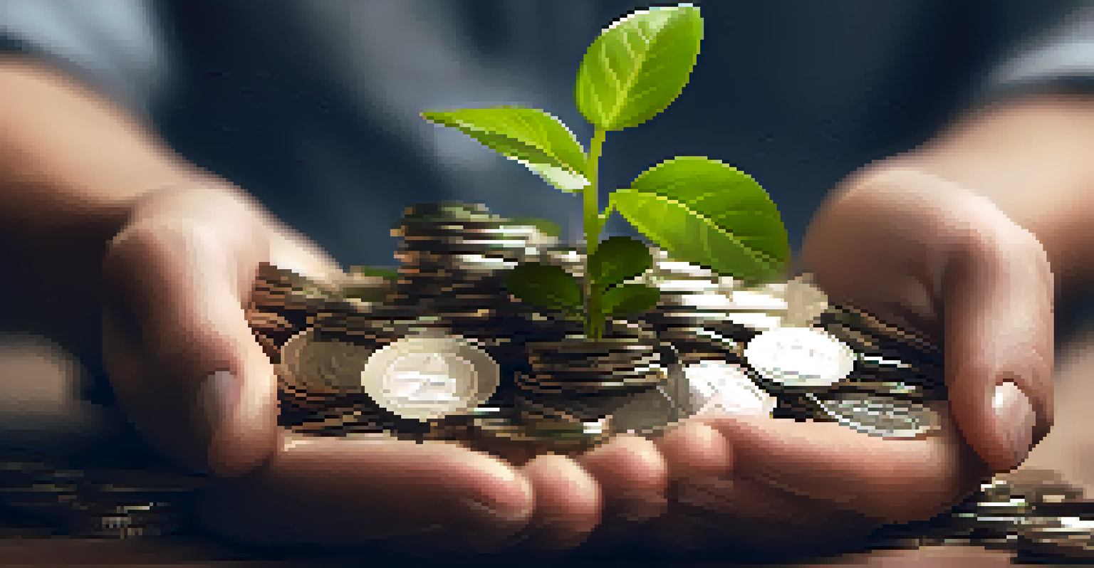 Hands holding a small green plant emerging from a pile of coins, symbolizing the growth potential of crowdfunding investments.