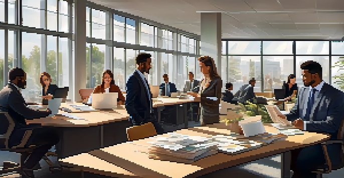 A diverse group of professionals in an office, reviewing cash flow statements together.