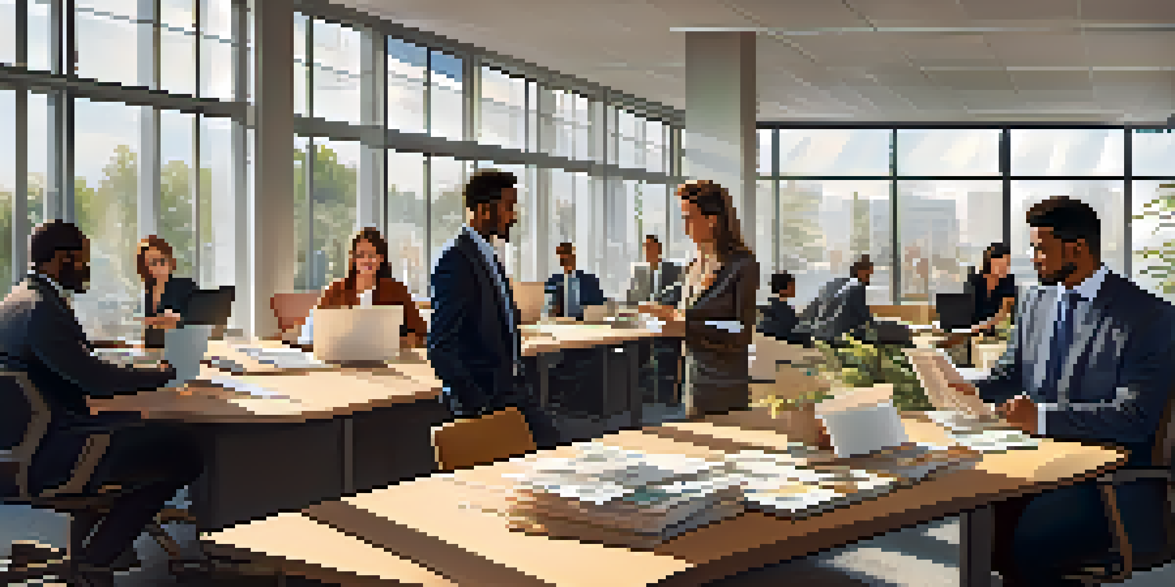 A diverse group of professionals in an office, reviewing cash flow statements together.