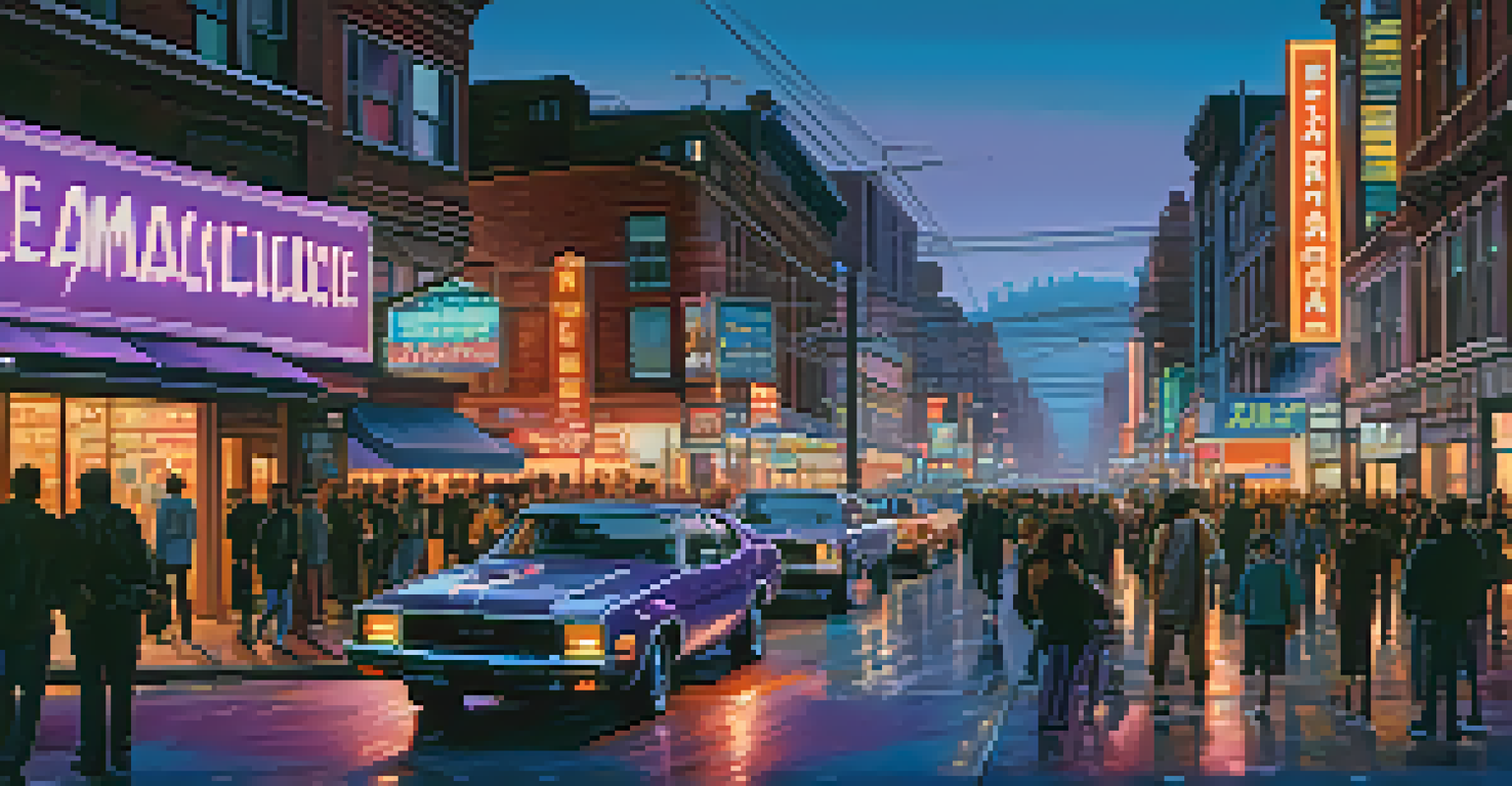 A busy city street at dusk with neon signs, people, and moving cars.