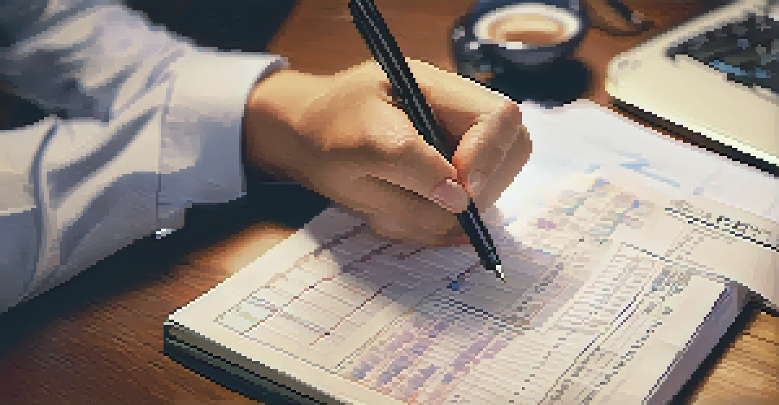 A close-up view of a hand with a pen over a notebook filled with financial notes, with a calculator and coffee cup in the background.
