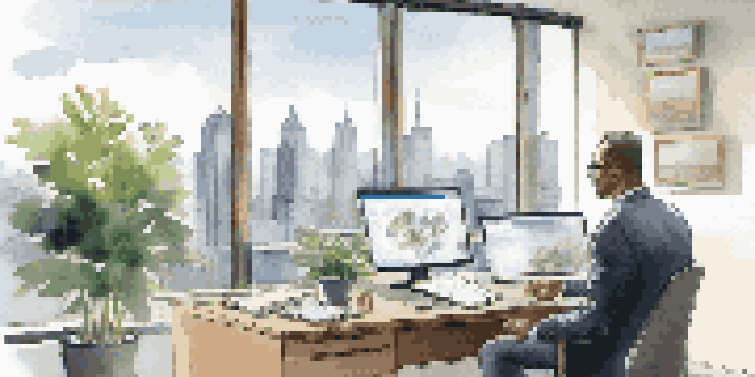 A financial advisor discusses investment strategies with a client in a well-lit office with a city skyline view.
