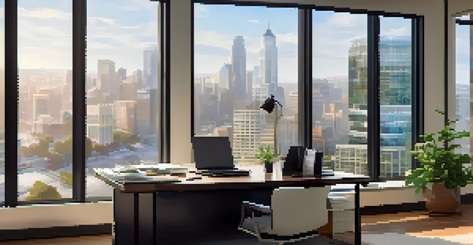 A bright financial office with a city view, a desk filled with reports and a laptop, and a potted plant.