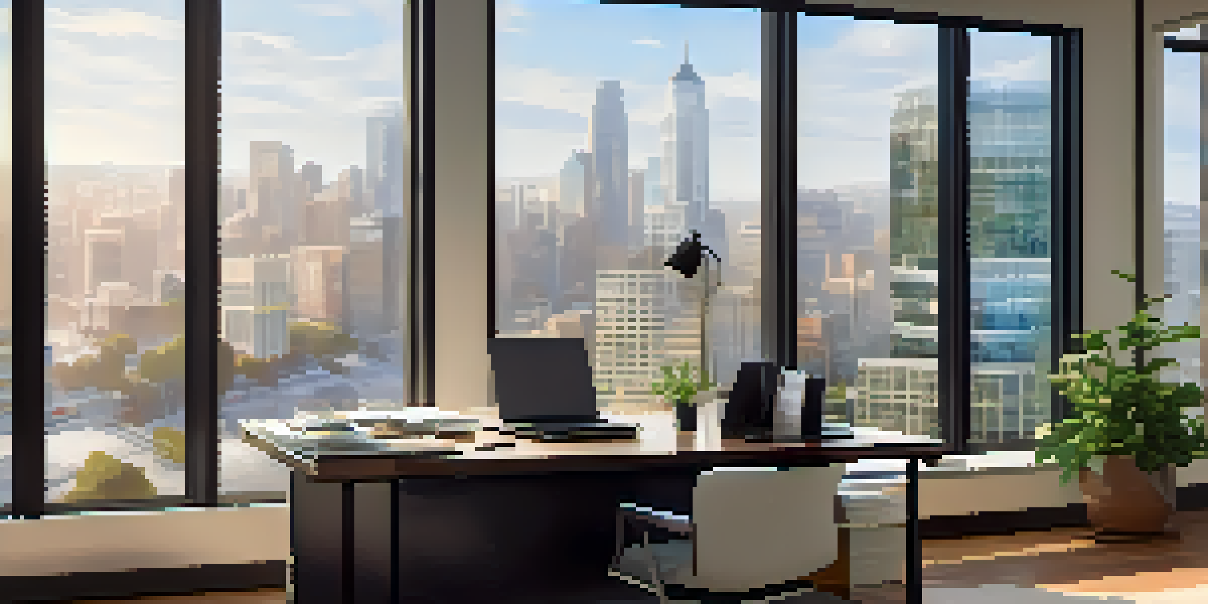 A bright financial office with a city view, a desk filled with reports and a laptop, and a potted plant.