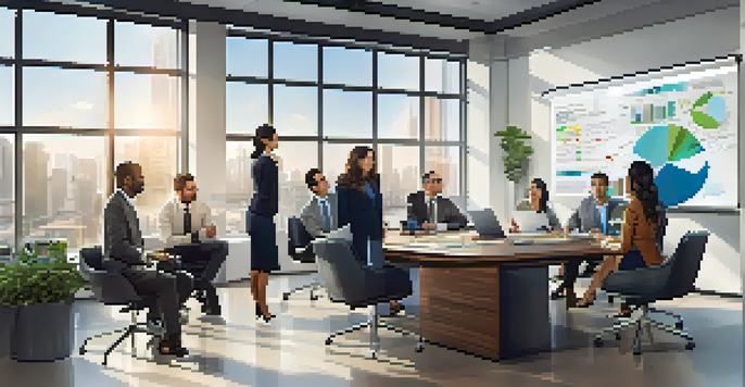 A diverse group of professionals in a bright office discussing stock options around a conference table.
