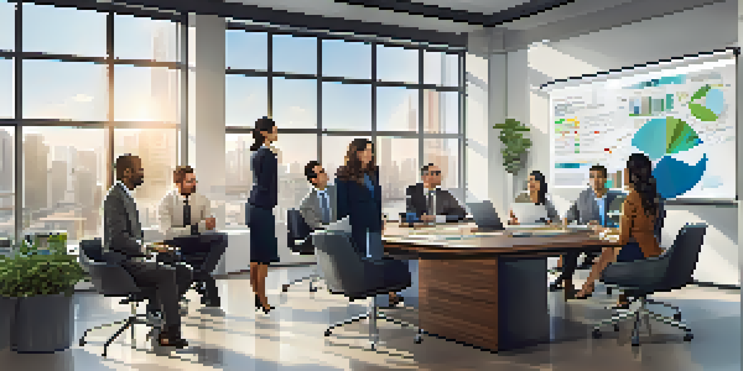 A diverse group of professionals in a bright office discussing stock options around a conference table.