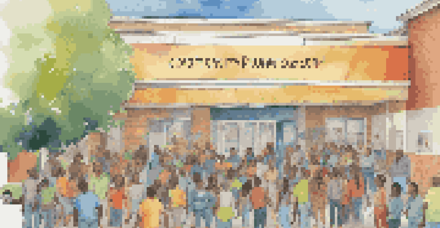 A vibrant crowdfunding campaign poster on the wall of a busy community center, showcasing projects and engagement.
