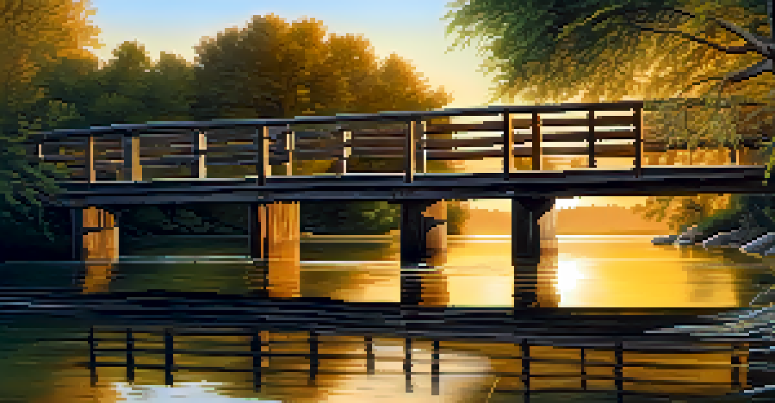 A sturdy wooden bridge over a serene river at sunset, symbolizing trust and stability.