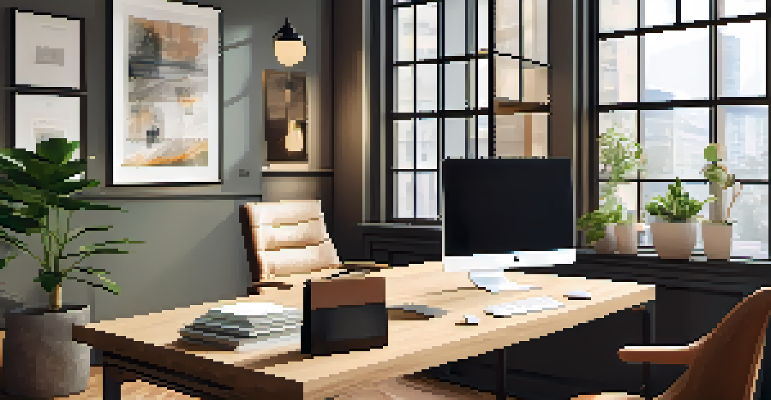 A stylish modern office space with a desk and laptop, highlighted by natural light and warm colors.