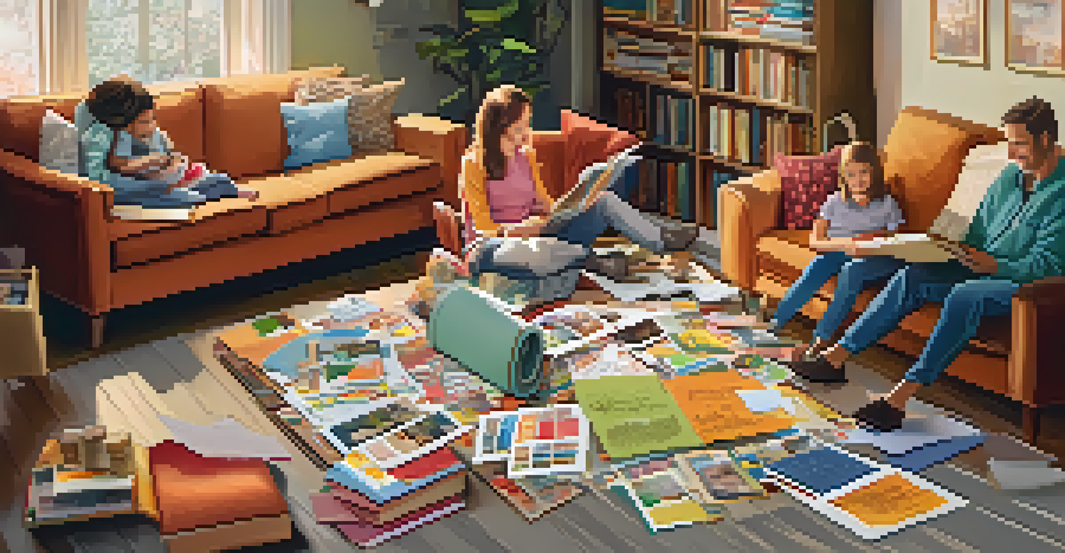 A family creating a scrapbook of their volunteer experiences in a cozy living room, with colorful materials and warm lighting.
