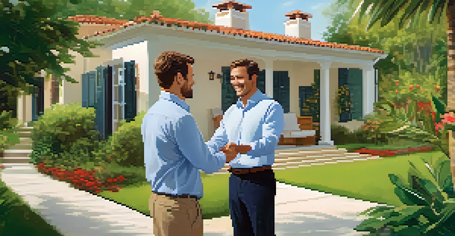 A local real estate agent and an international investor shaking hands outside a property, with smiles and a brochure in hand.