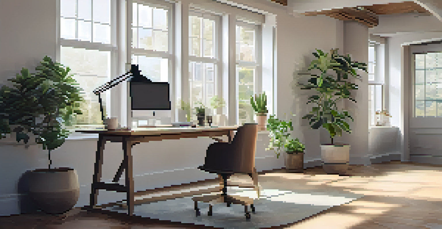 A stylish workspace with a laptop, a plant, and a cup of coffee, all illuminated by natural light from large windows.