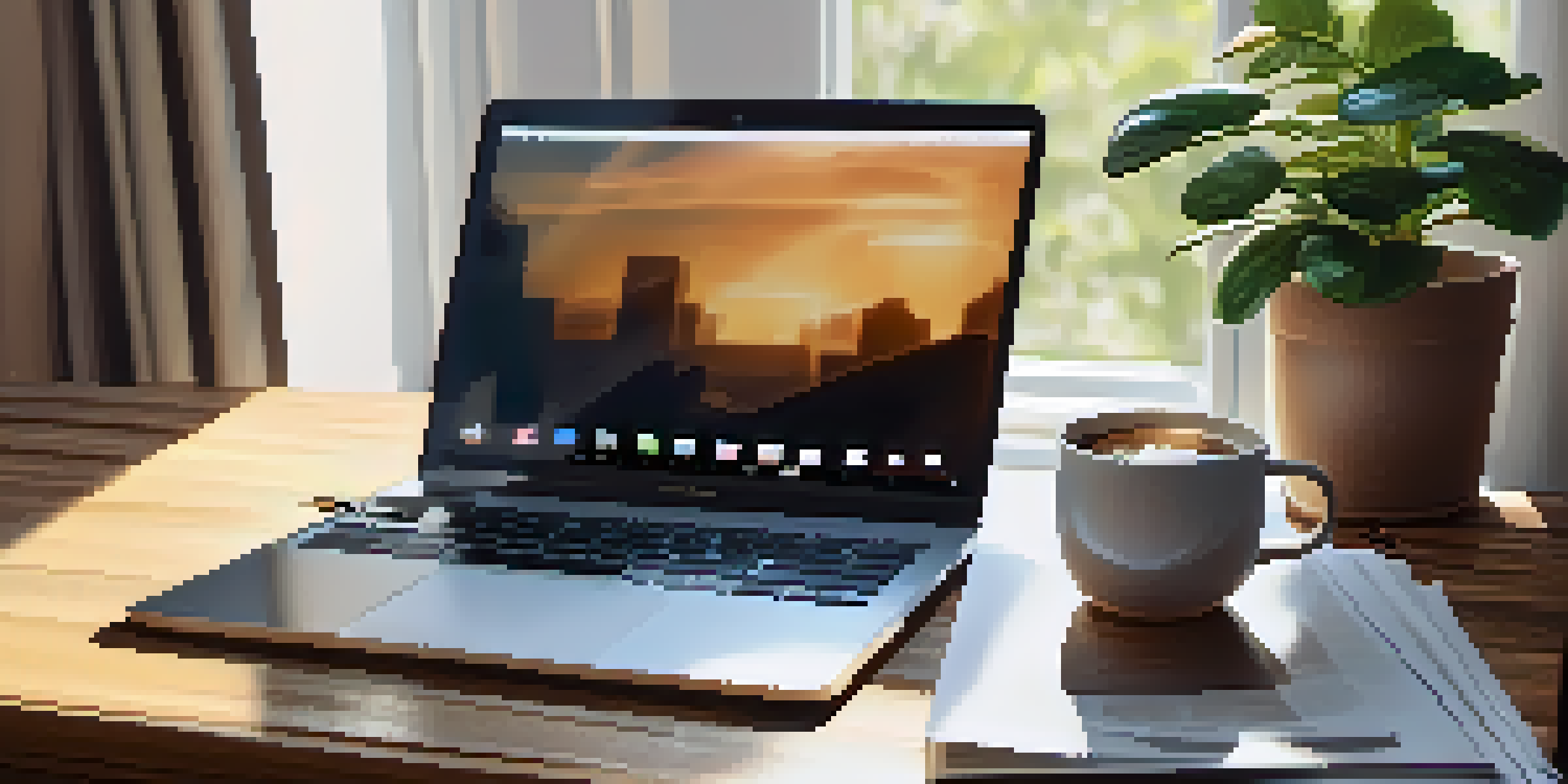 A modern office workspace featuring a laptop, financial documents, a cup of coffee, and a potted plant under soft natural light.