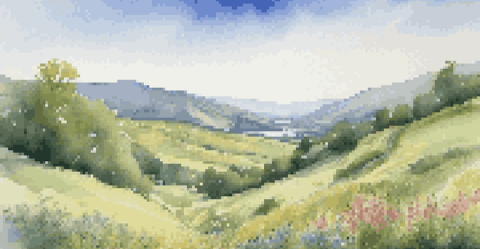 A peaceful green valley with a river and colorful wildflowers under a blue sky.