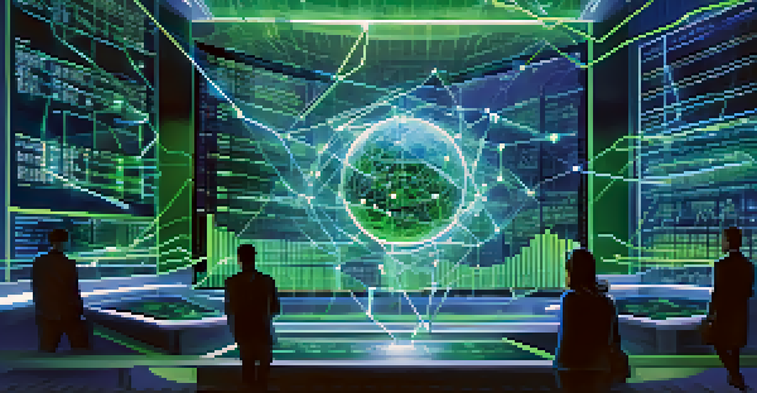 An abstract image representing AI in investing with interconnected digital nodes and stock market trends in blue and green.