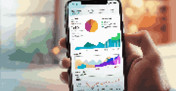A smartphone displaying a digital wealth management app with colorful graphs and charts, set against a softly blurred background.