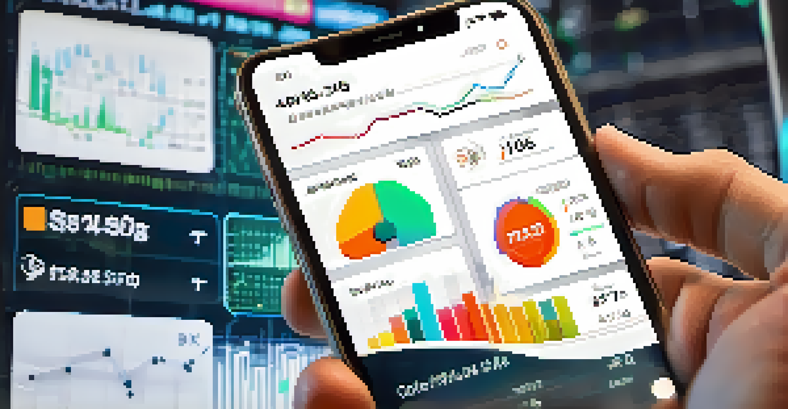 A close-up of a smartphone showing a stock trading app with colorful graphs.