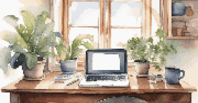 A peaceful workspace with a desk, laptop, coffee cup, and plants, illuminated by morning sunlight, conveying the idea of financial planning.
