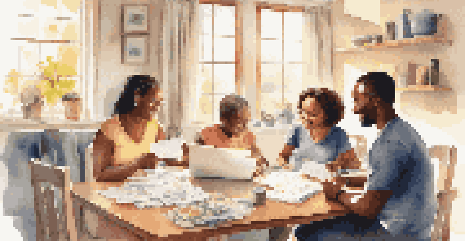 A family discussing financial plans at a dining table with papers, a laptop, and a piggy bank.