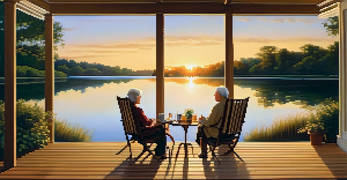 An elderly couple peacefully enjoying a sunset on a porch by a lake, with warm colors reflecting on the water.