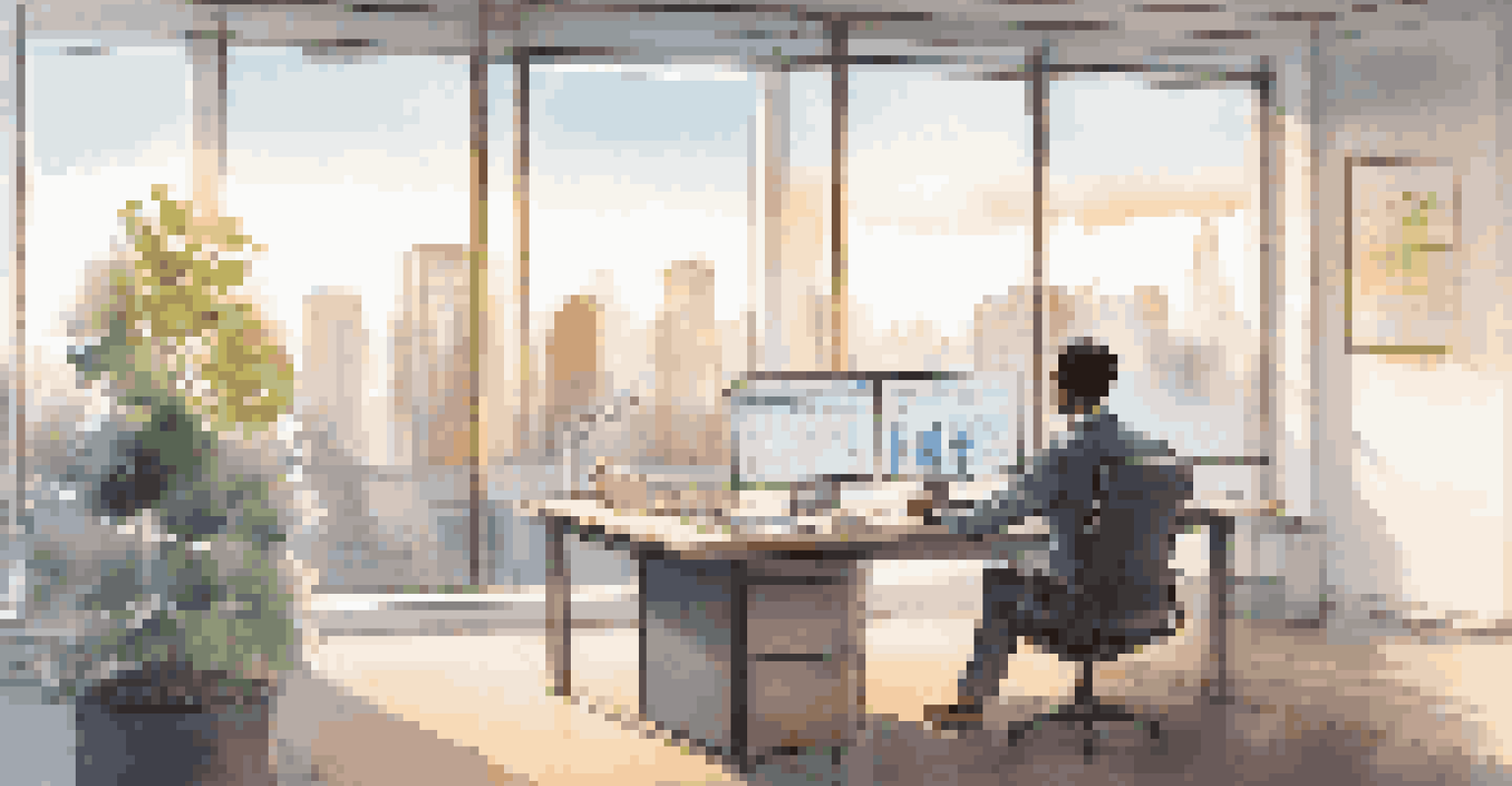 A young professional working in an office with a laptop showing AI investment analytics, overlooking a city skyline.