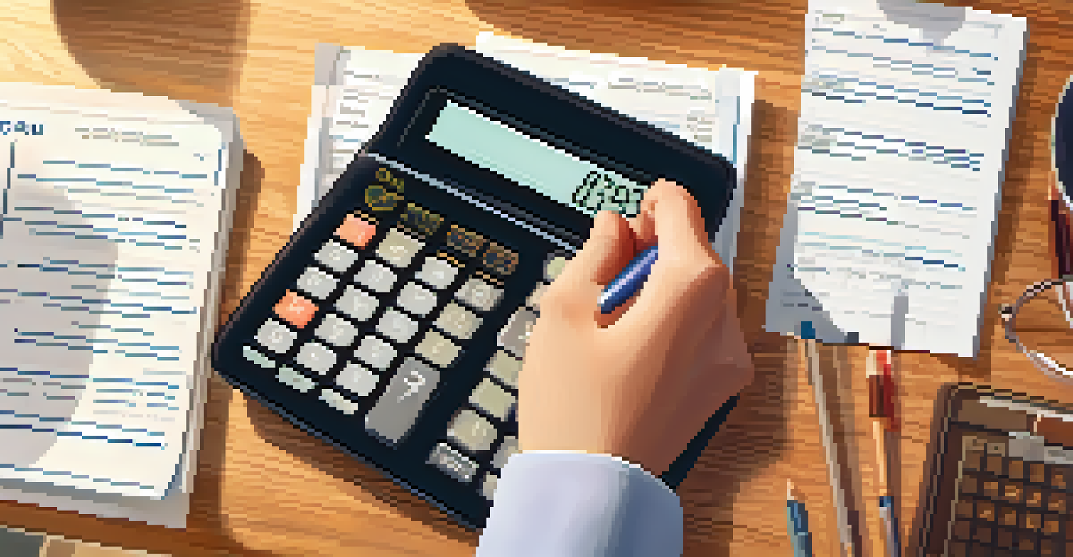 A close-up of a hand using a calculator with financial documents about dividend payout ratios spread on a wooden desk.