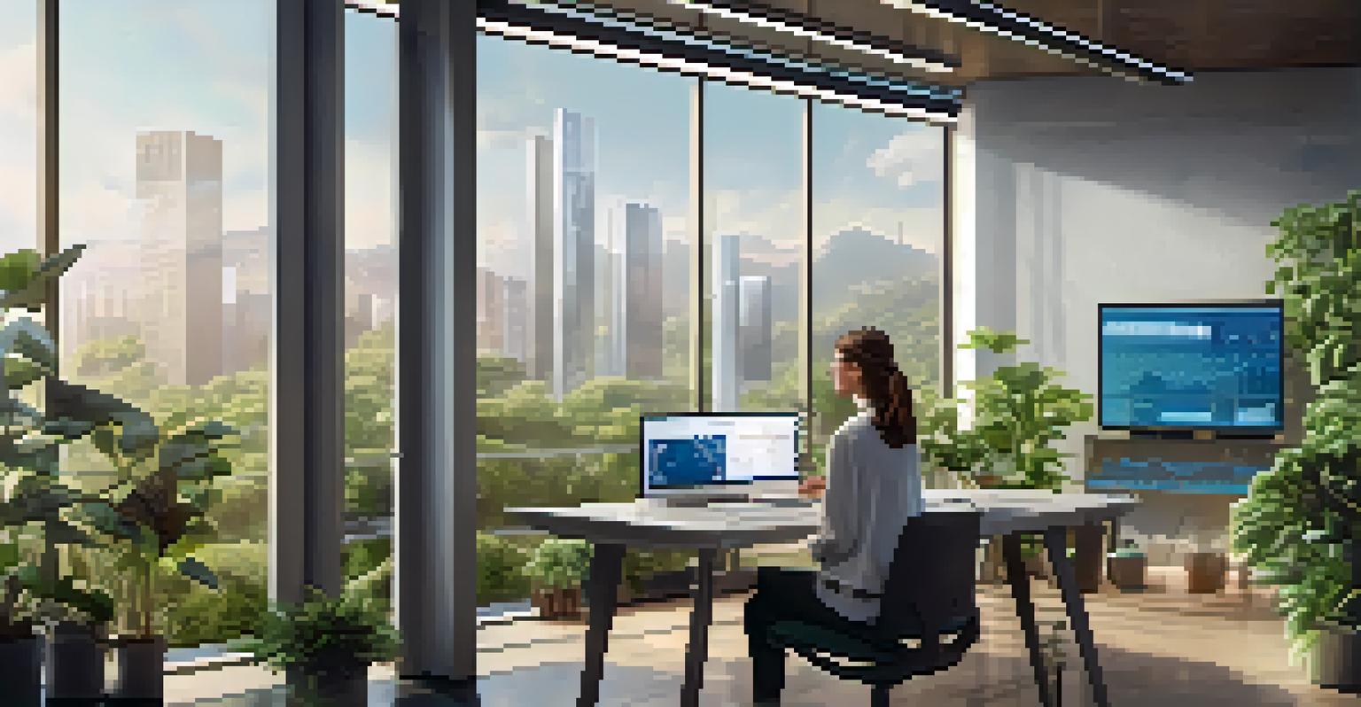 A young woman analyzing sustainable investment data in a modern office surrounded by plants and natural light.