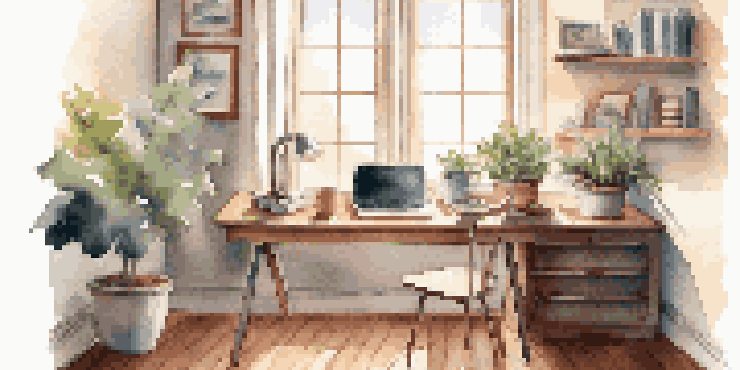 A warm and inviting home office space with a laptop, coffee cup, and a potted plant.