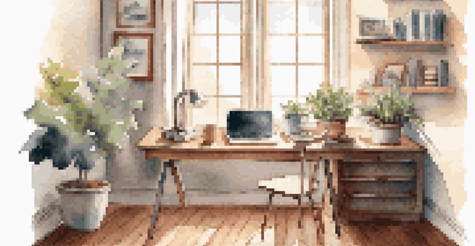 A warm and inviting home office space with a laptop, coffee cup, and a potted plant.