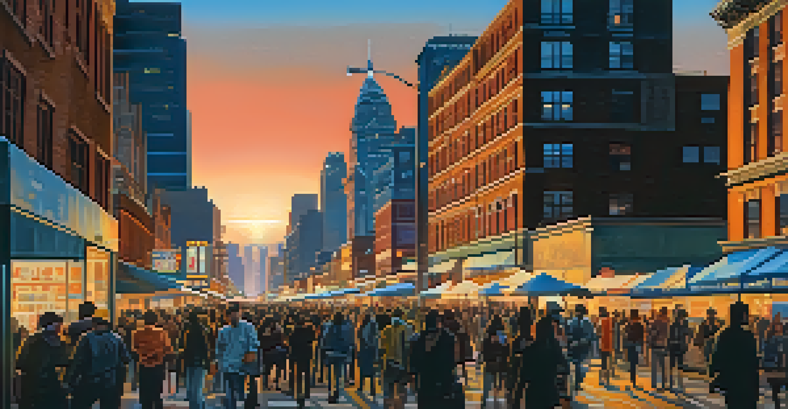 A city skyline at dusk with illuminated skyscrapers and people walking along a busy street.