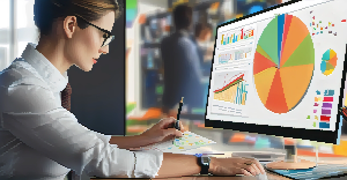 A business professional focuses on data analysis, viewing colorful graphs on a laptop with a well-lit modern office setting.
