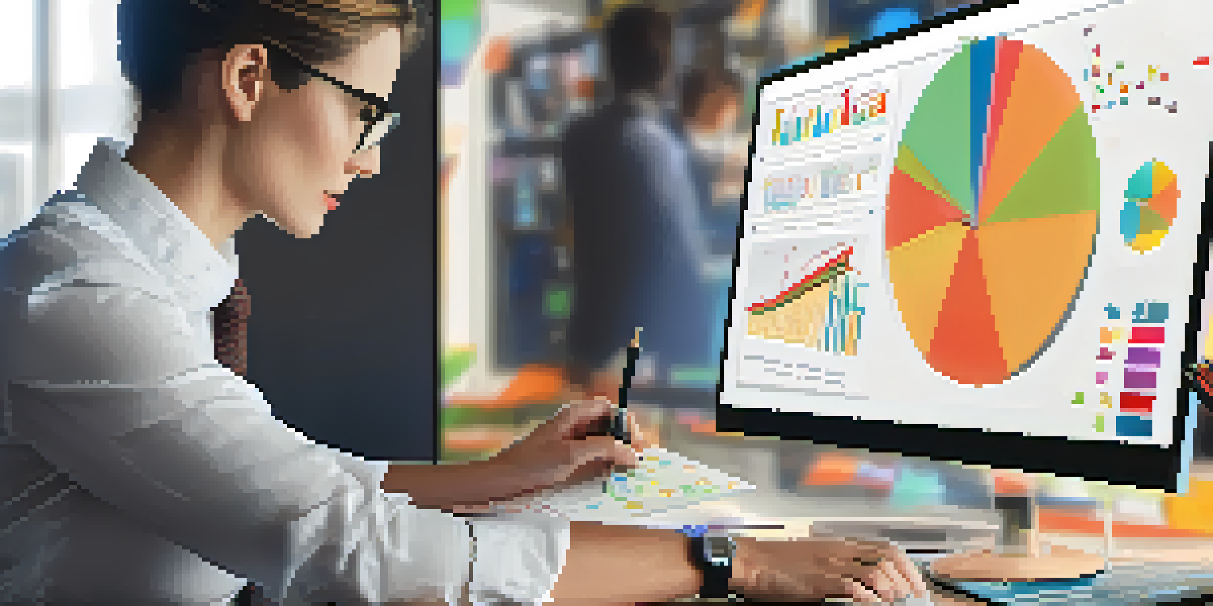 A business professional focuses on data analysis, viewing colorful graphs on a laptop with a well-lit modern office setting.