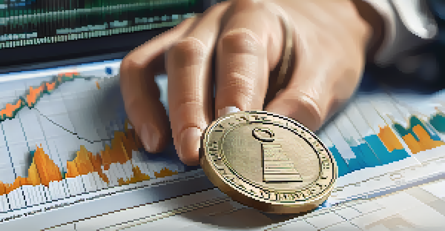 A hand holding a coin with 'Invest' on it, in front of stock market charts.