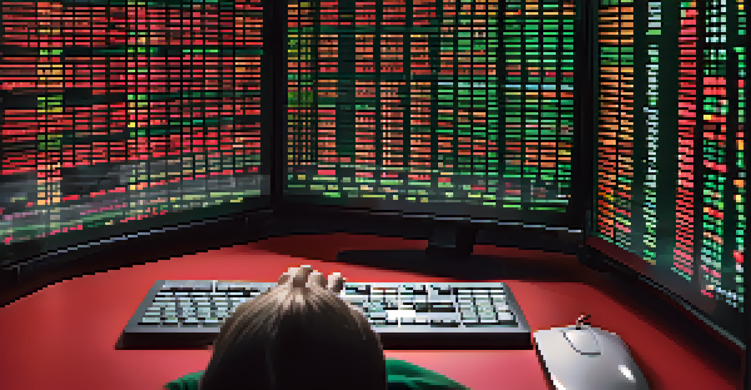 A stock market trading screen displaying green and red candlestick charts, with a hand hovering over a computer mouse.