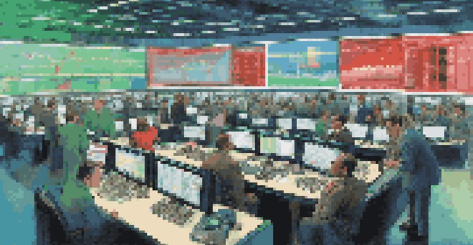 A busy commodity trading floor with traders analyzing data on screens, surrounded by colorful charts and graphs.