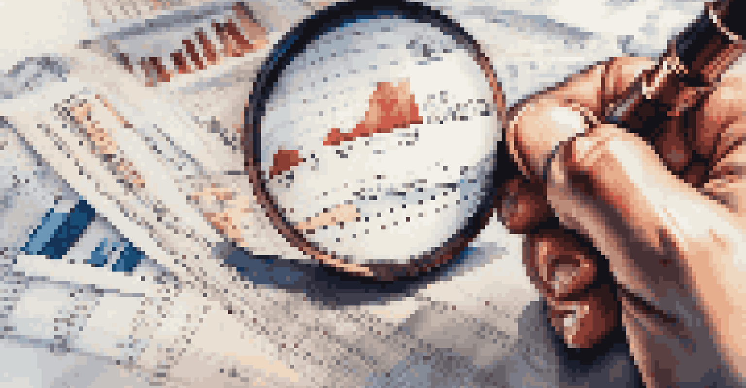 A hand holding a magnifying glass over a financial report, focusing on interest rates and economic indicators.