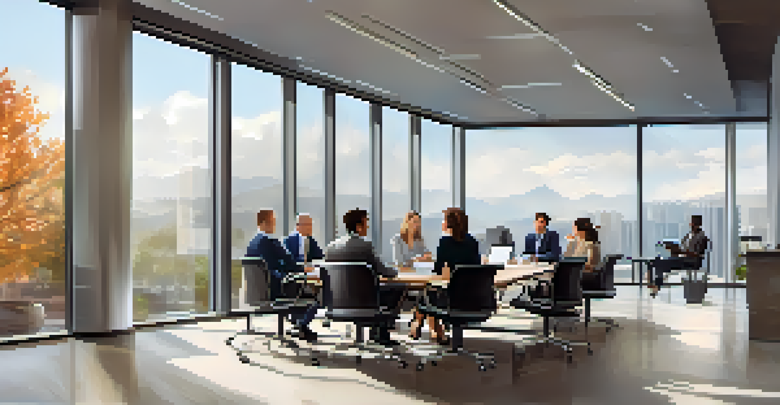 A diverse group of professionals having a negotiation meeting in a bright, modern office setting.