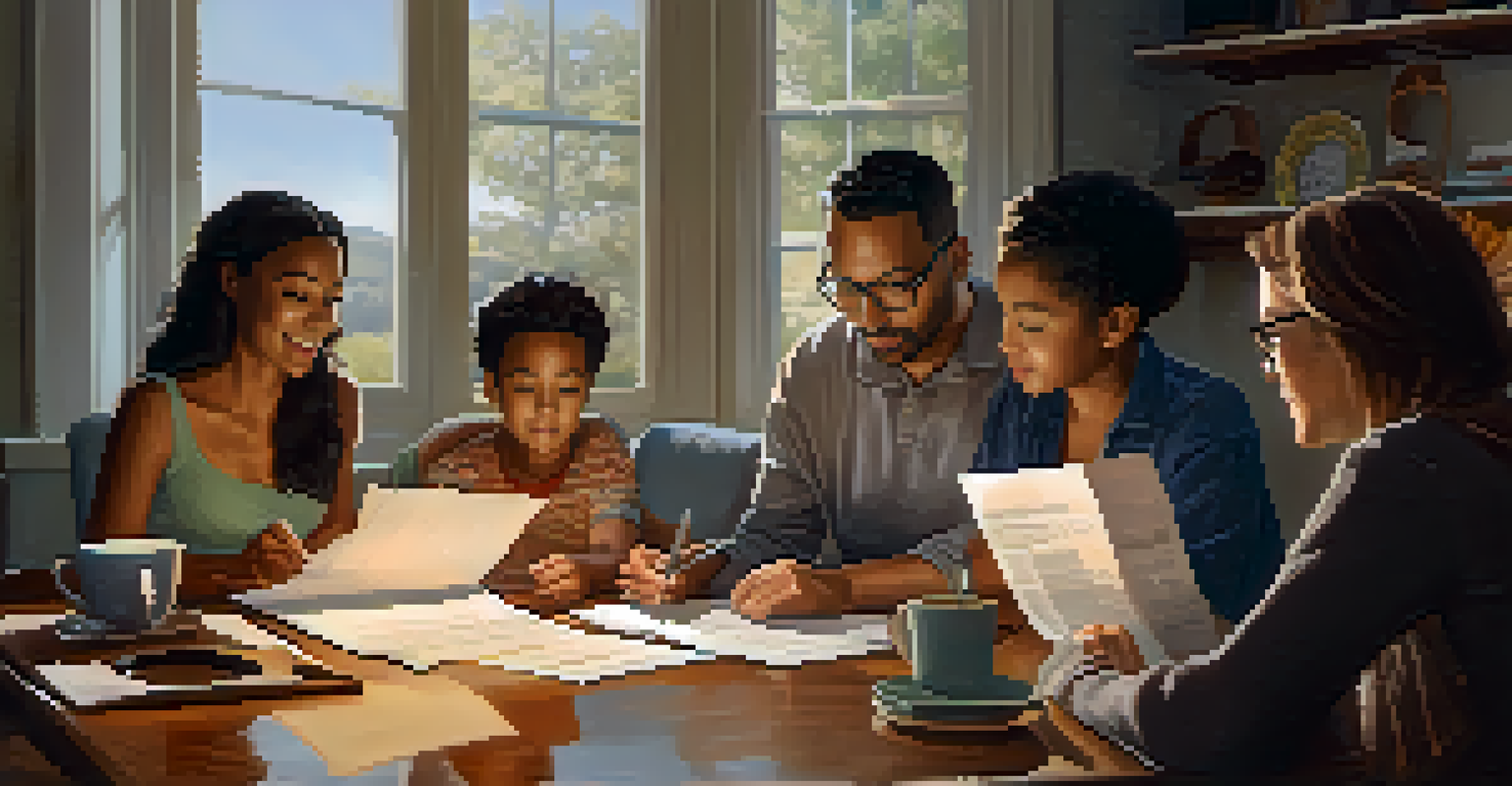 A family gathered around a dining table, reviewing tax documents and discussing financial goals in a warm, inviting setting.