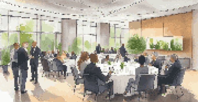 A diverse group of professionals engaged in conversation at a networking event in a modern conference hall.