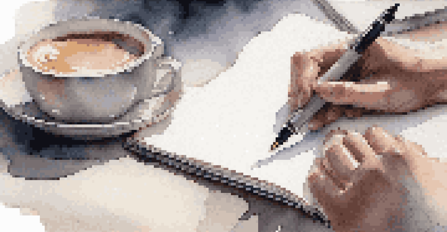 A close-up of hands writing in a notebook with a fountain pen beside a laptop and coffee.