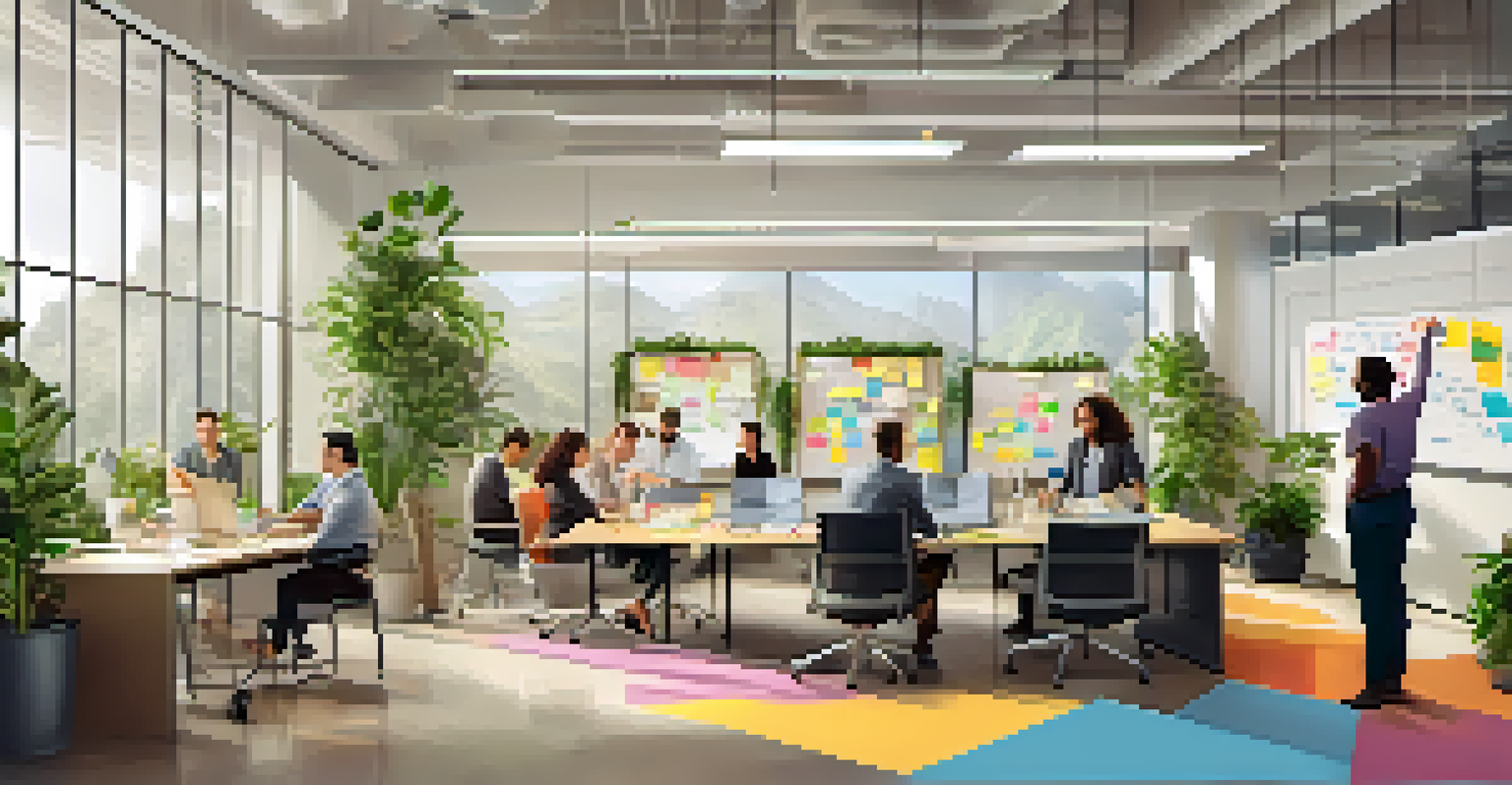 Employees in a modern open office brainstorming session with colorful notes on whiteboards and plants around.