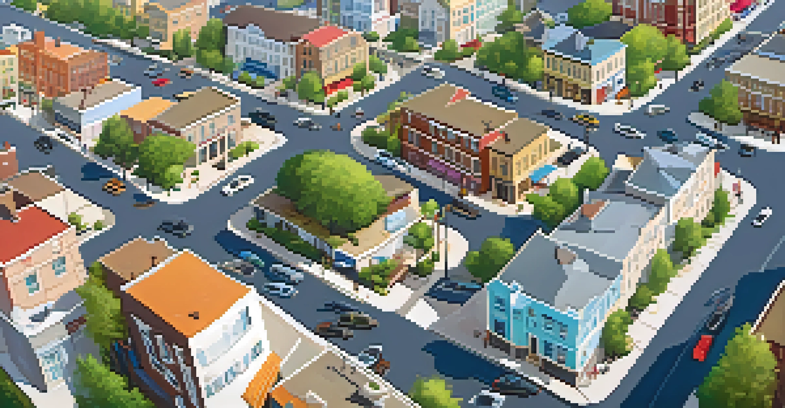 Aerial view of a lively urban neighborhood with residential and commercial buildings, and people enjoying outdoor cafes.